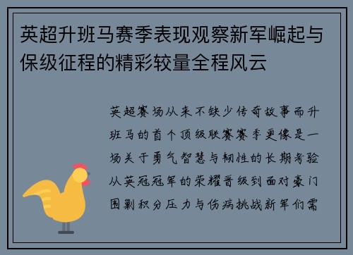 英超升班马赛季表现观察新军崛起与保级征程的精彩较量全程风云